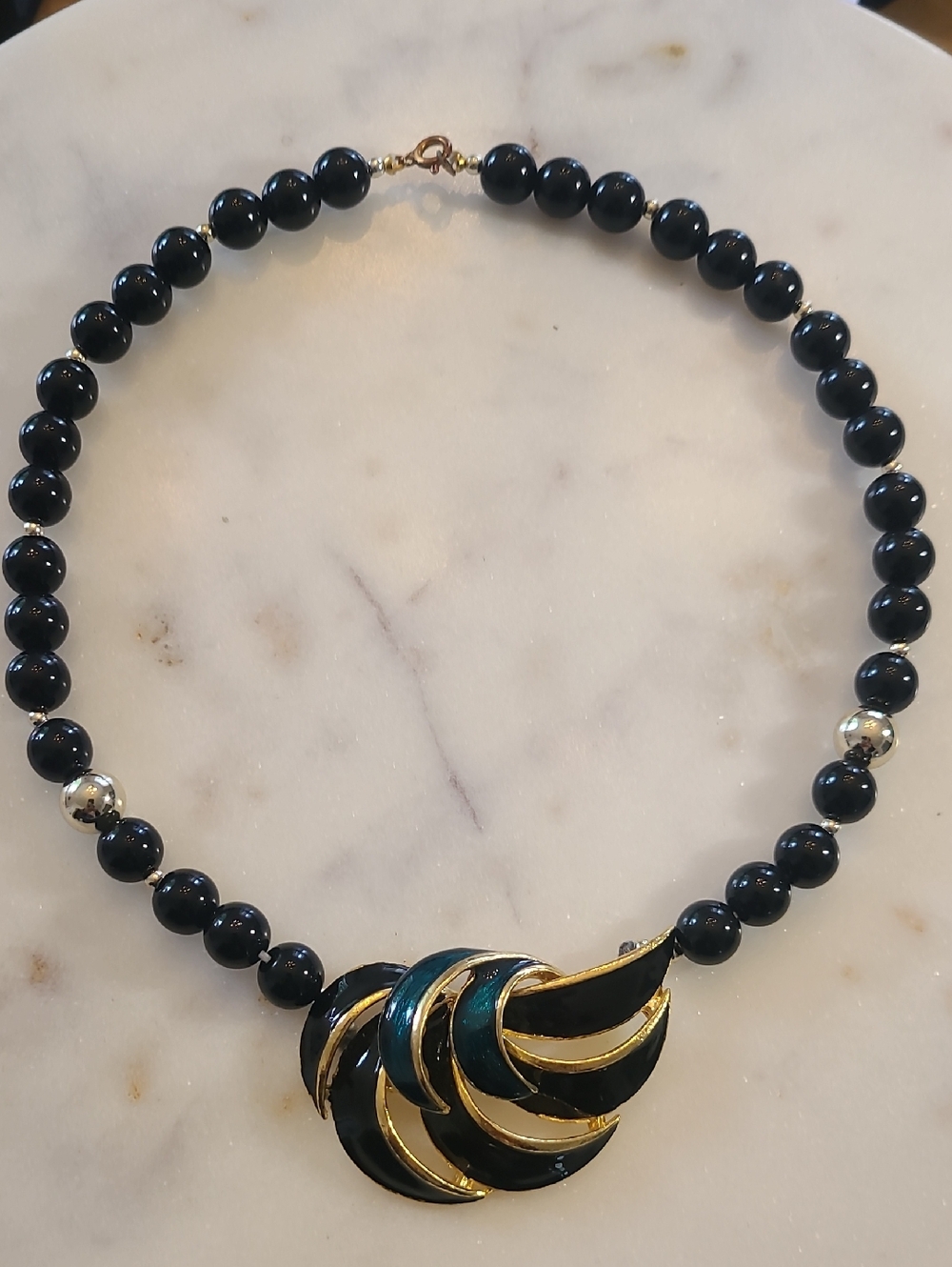 Vintage 1980s Givenchy Black Bead Necklace with Gold and Teal Crescent Pendant